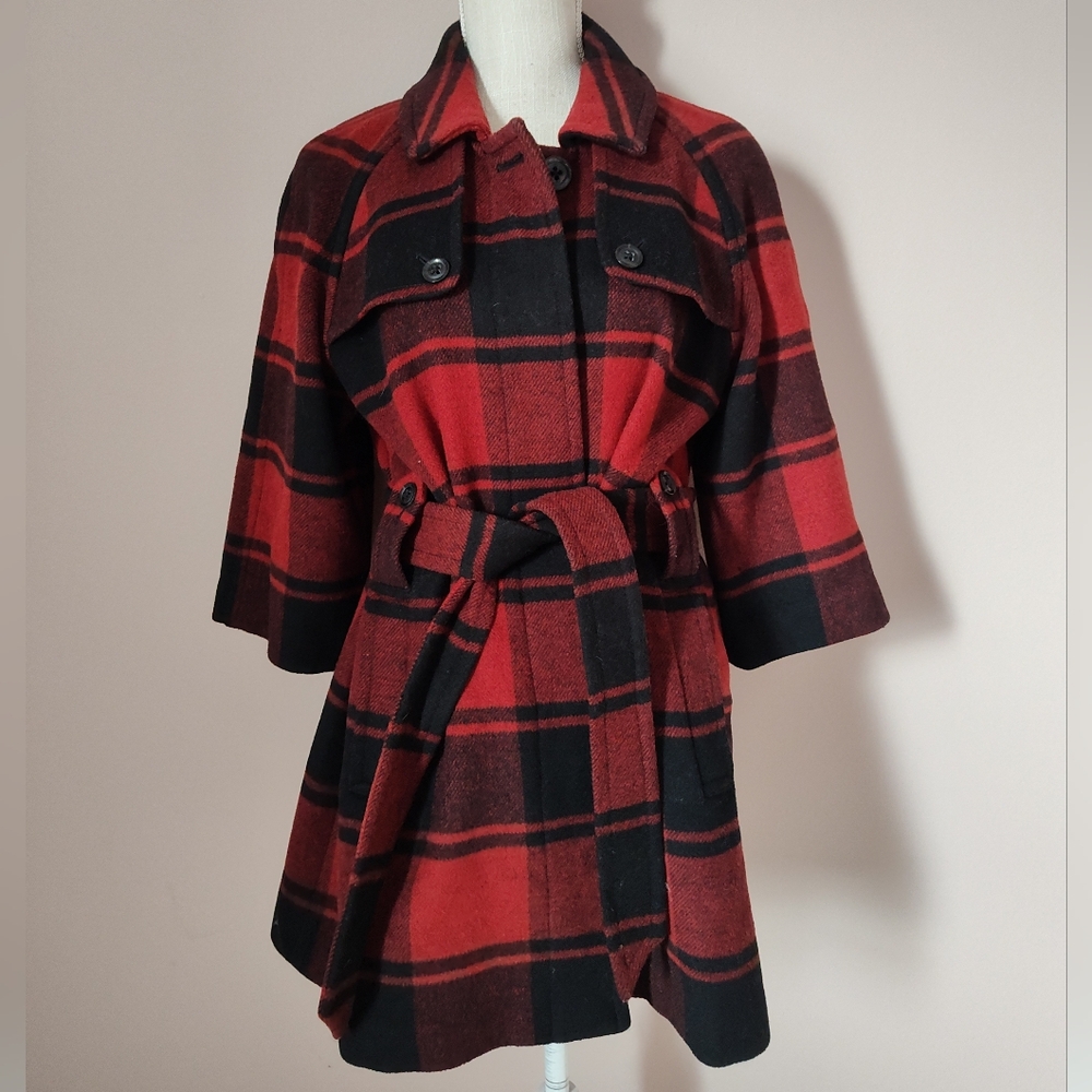 🥰 Vintage Y2K (2008) GAP Buffalo Plaid 3/4 Sleeve Mid Length Wool Pea Coat, SM - Picture 3 of 15